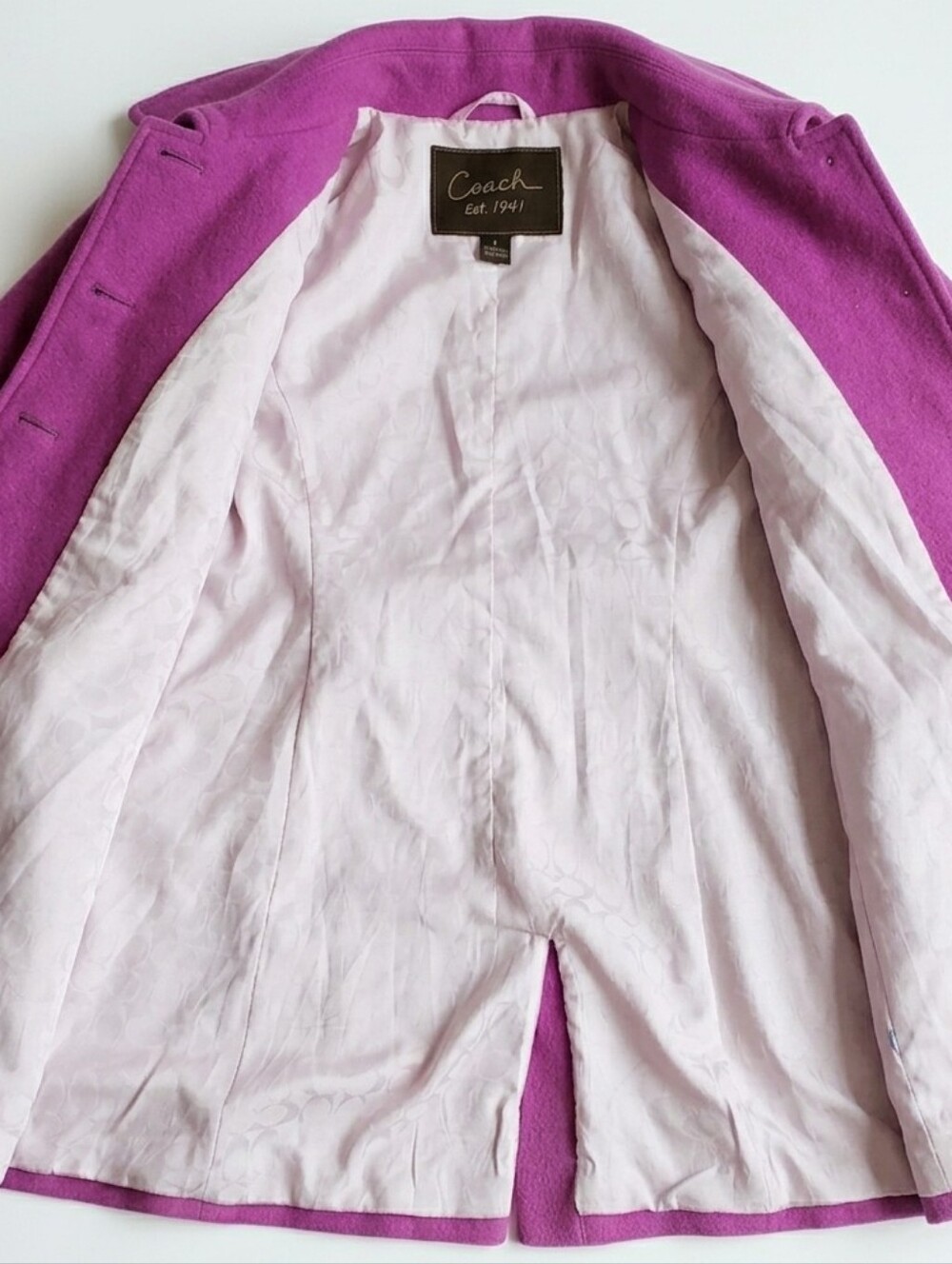 COACH 1941 Magenta Wool Blend Belted Coat with Pale Pink Signature C Lining - Picture 8 of 9